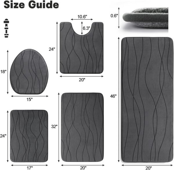 YIHOUSE Memory Foam Grey Bathroom Rug Sets 5 Piece, Ultra Absorbent Bath Mat for Bathroom - Non-Slip Machine Washable & Dry Quickly, 5 Piece Bathroom Mat Set, Dark Grey