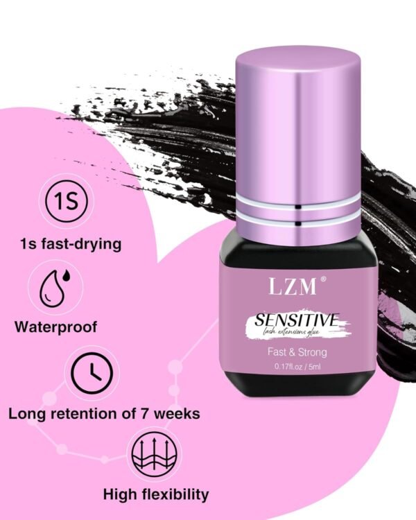 71JNWAkbxvL._SL1500_.jpg Sensitive Eyelash Extension Glue - 6-7weeks Long Lasting / 1s Drying Time/Strong Hold/Hypoallergenic/Latex-Free Professional Lash Extension Glue LZM (Black 0.17fl.Oz/5ml)