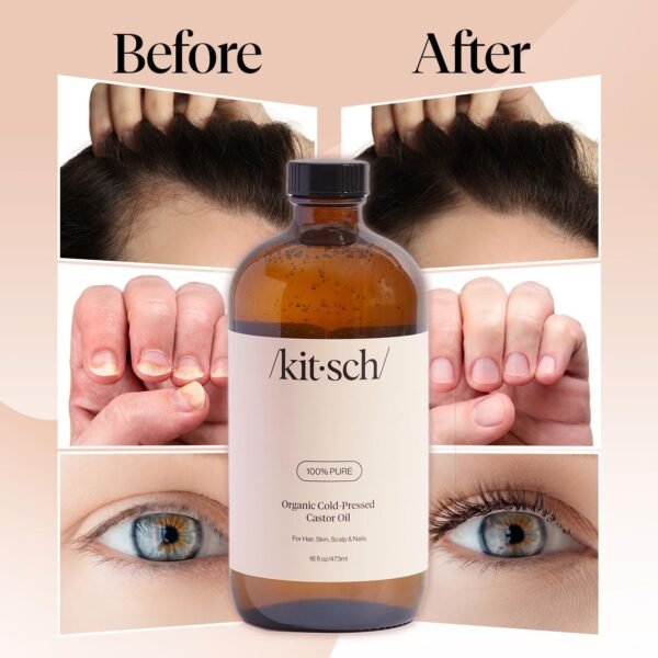 71JUgaItkfL._SL1280_.jpg Kitsch Organic Castor Oil for Hair Growth - 100% Pure Castor Oil, Organic Cold Pressed Unrefined Glass Bottle for Face, Skin, Lashes, Brows, Scalp, Nails & Belly Button - Hexane Free, USDA - 16 oz