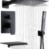 Matte Black Faucet Set Shower Head with Tub Spout and Handle System Square Wall Mount for Bathroom