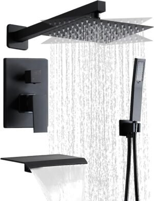 Matte Black Faucet Set Shower Head with Tub Spout and Handle System Square Wall Mount for Bathroom