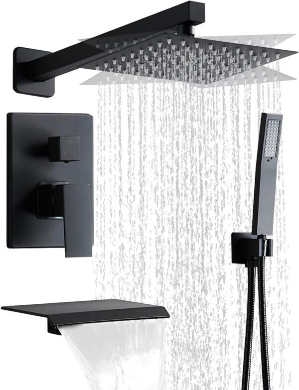 Matte Black Faucet Set Shower Head with Tub Spout and Handle System Square Wall Mount for Bathroom