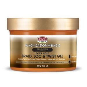 71JqxIEkgxL._SL1500_.jpg African Pride Black Castor Miracle Extra Hold Braid, Loc, Twist Gel - Extreme Hold Braiding Hair Gel, Edge Control & Tames Frizz, No Flake | Natural Ingredients, Coconut Oil | 8oz