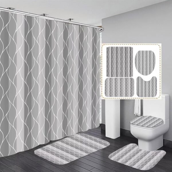 DDQQ 4Pcs Grey Shower Curtain Set with Rugs Stripe Bathroom Sets Geometric Wave Lines Shower Curtain with 12 Hooks Bathroom Decor with Rugs Bath Accessories with Mats Toilet Lid Cover