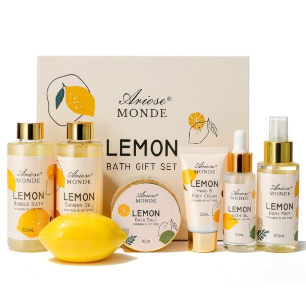 Lemon Scent Bath Spa Gift Box Set for Women - Shower Gel, Bubble Bath, Body Cream, Soap, Salt, Essential Oil