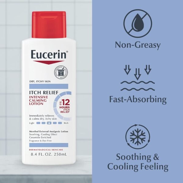Eucerin Itch Relief Intensive Calming Body Lotion for Dry Itchy Skin, Unscented Lotion with Cooling Menthol and Ceramides, 8.4 Fl Oz Bottle