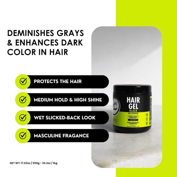Rolda Black Styling Hair Gel - Medium To Strong Hold With Medium Shine For a Wet Slicked Back Look With All Day Hold - Activated Black Charcoal Covers Grey Hair Instantly 17.6oz
