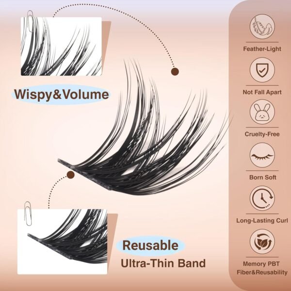 Wispy Lash Clusters Natural Cluster Eyelash Extensions D Curly Individual Lashes Volume False Eyelash Clusters 10-16mm Soft Lashes Clusters with Thin Band DIY Lash Extension at Home by TOOCHUNAG