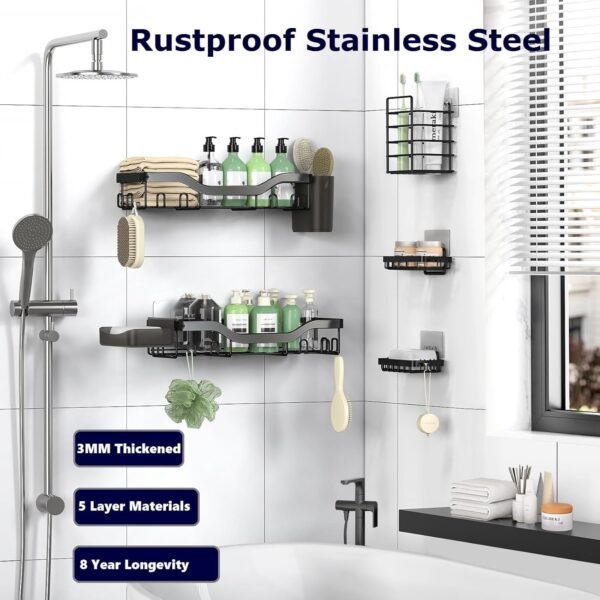 Shower Caddy Adhesive Shower Organizer 7-Pack, Rustproof Stainless Steel Bathroom Shelves, Large Capacity No-Drill Rack Storage Accessories with Soap Dish Toothbrush Holder &24 Hooks Home Decor