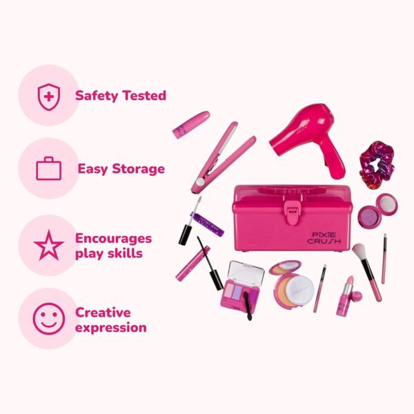 PixieCrush Kids Makeup Kit - Play Hair Styling and Pretend Beauty Set with Hair Dryer and Flat Iron - Fake Makeup for Girls Ages 3-10 - Comes in a Pink Carrying Case