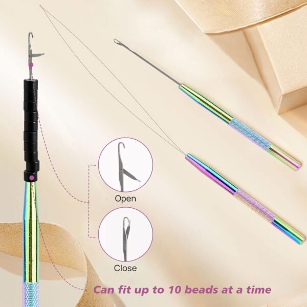 71MC2KE6vUL._SL1500_.jpg NEWISHTOOL Hair Extension Tool Kit, Micro Links Beading Pliers, Loop Pulling Hook Threader Bead Device Tool and 300 PCS Silicone Beads Hair Styling Accessories, Micro Rings Feather Extension Tools
