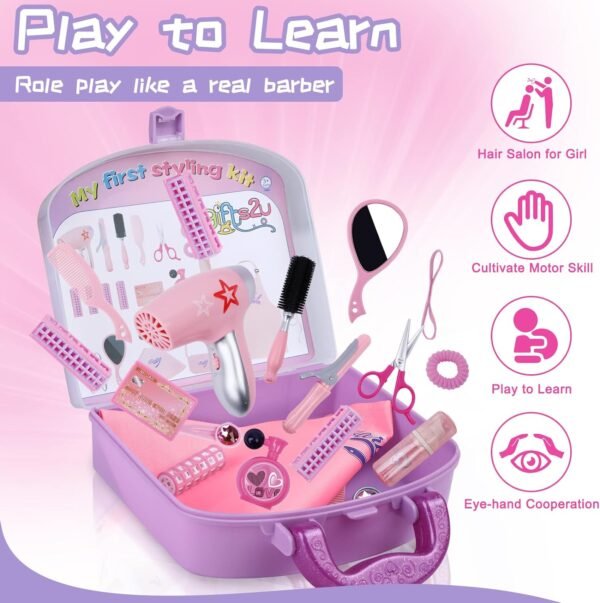 71MMtaM-MxL._AC_SL1500_.jpg Gifts2U Girls Beauty Salon Set, 23 Pcs Kids Beauty Salon Toy Kit Pretend Hair Styling Set for Girls with Blow Dryer, Barber Costume Apron, Scissors and Stylist Accessories
