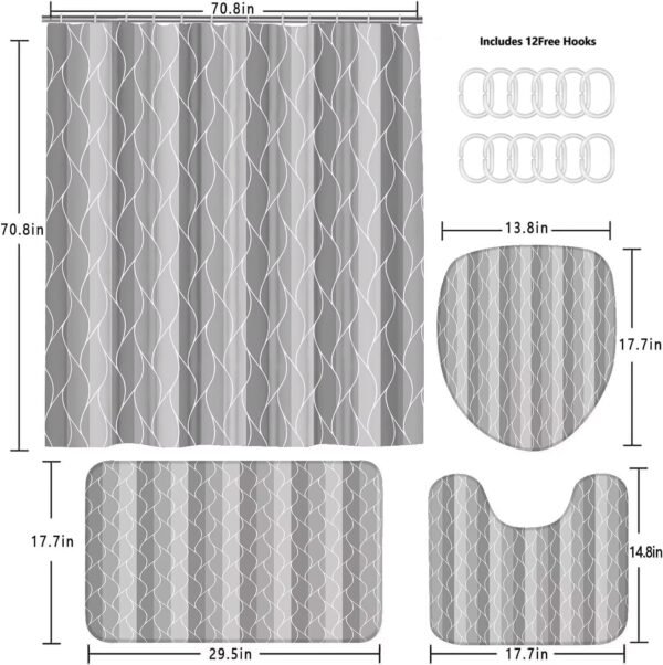 DDQQ 4Pcs Grey Shower Curtain Set with Rugs Stripe Bathroom Sets Geometric Wave Lines Shower Curtain with 12 Hooks Bathroom Decor with Rugs Bath Accessories with Mats Toilet Lid Cover