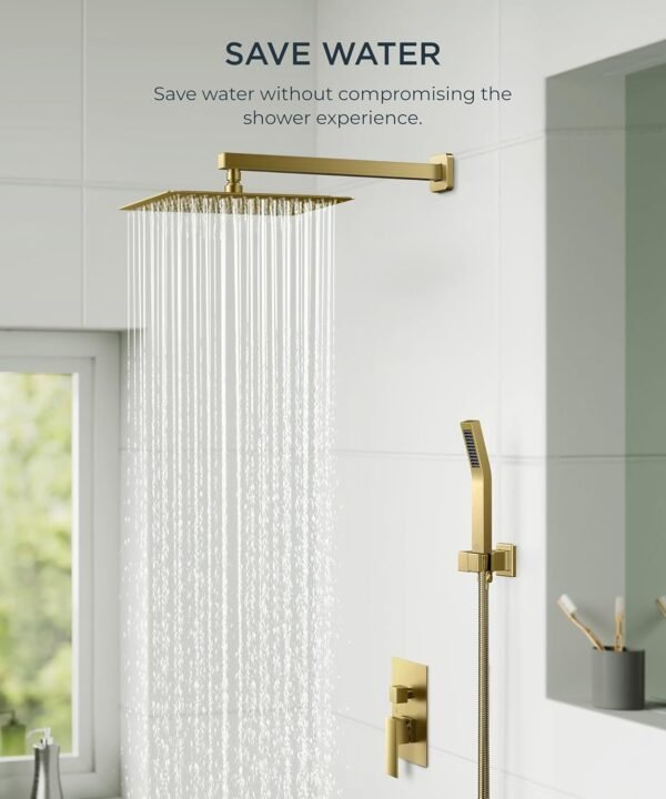 FORIOUS Rain Shower Head System, 10 Inch Shower Faucet Set with with handheld combo, Solid Brass Pressure Balanced Valve and Trim Kit Fixtures, Wall Mounted, Brushed Gold