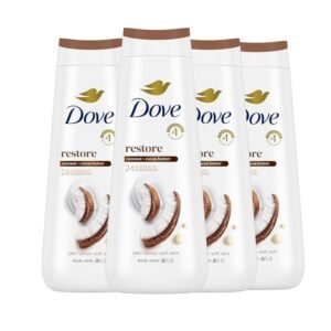Dove Body Wash Restoring Coconut & Cocoa Butter 4 Count for Renewed, Healthy-Looking Skin Gentle Skin Cleanser That Effectively Washes Away Bacteria While Nourishing Your Skin 20 oz