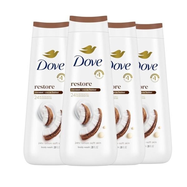 Dove Body Wash Restoring Coconut & Cocoa Butter 4 Count for Renewed, Healthy-Looking Skin Gentle Skin Cleanser That Effectively Washes Away Bacteria While Nourishing Your Skin 20 oz