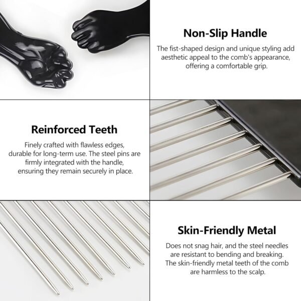 71Mv0mqIwcL._SL1500_.jpg Stylish 3-Piece Black Metal Afro Hair Pick Set: Stainless Steel Wide-Tooth Combs with Classic Fist Design, Essential for Curly & Afro Hair Care and Styling