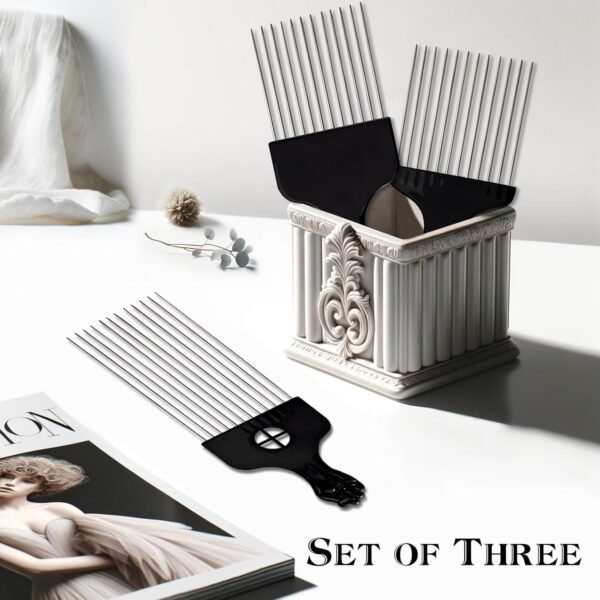 71Mv8GCVevL._SL1500_.jpg Stylish 3-Piece Black Metal Afro Hair Pick Set: Stainless Steel Wide-Tooth Combs with Classic Fist Design, Essential for Curly & Afro Hair Care and Styling
