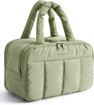 BAGSMART Travel Toiletry Bag, Puffy Large Toiletry Bag for Women, Lightweight Cosmetic Makeup Bag Organizer with Handle for Traveling, Accessories, Essentials, Toiletries (Green)