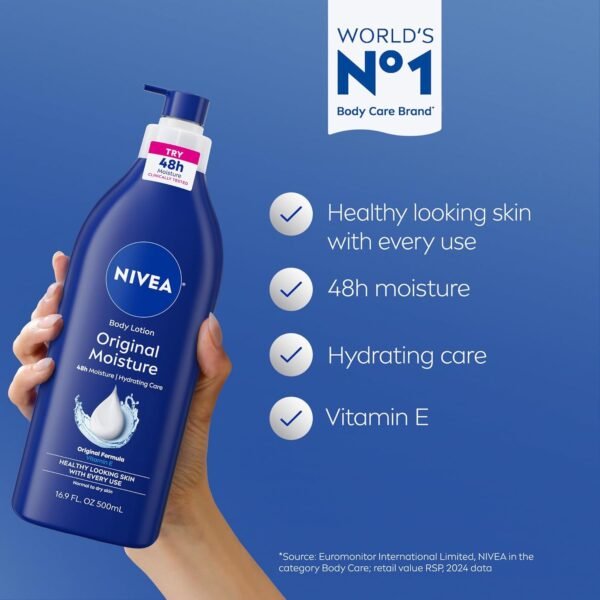 NIVEA Original Moisture Body Lotion with Vitamin E, 48-Hour Body Moisturizer for Normal to Dry Skin, 16.9 Fl Oz Pump Bottle