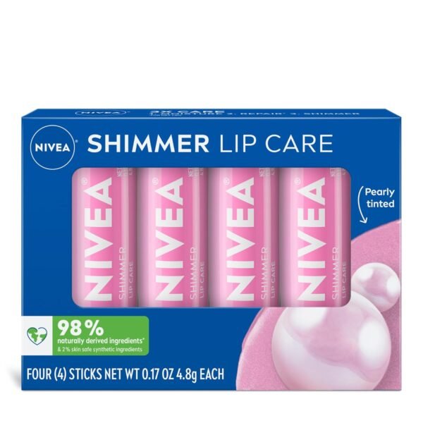 71Nd-huygL._SL1500_.jpg NIVEA Shimmer Lip Care, Shimmery Lip Balm Pack with Shea Butter, Nourishing Oils and Vitamin C & E, 3-in-1 Moisture, Repair and Shimmer, 0.17 Oz Stick, Pack of 4