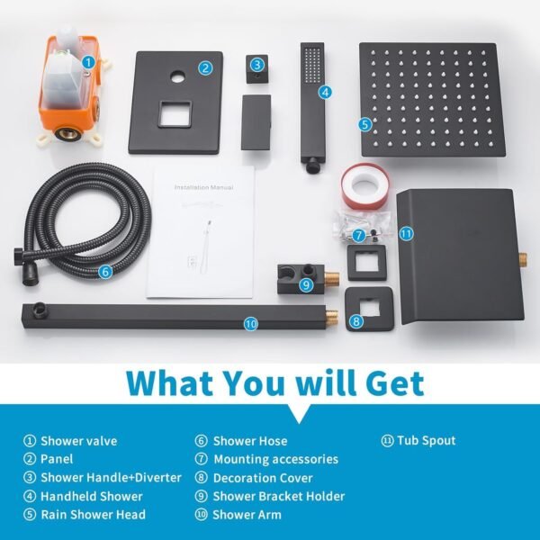 Matte Black Faucet Set Shower Head with Tub Spout and Handle System Square Wall Mount for Bathroom