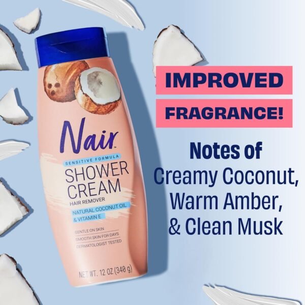 Nair Sensitive Shower Cream Hair Remover with Natural Coconut Oil and Vitamin E, Body Hair Removal Cream, 12 oz