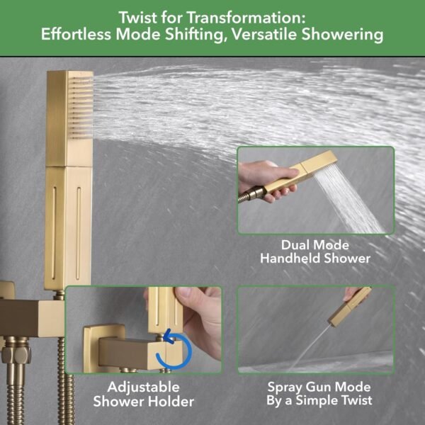 VANFOXLE Shower Faucet Set Brushed Gold Shower System,Push Button Diverter Shower Faucet with 2 in 1 Handheld,Ceiling Mount 10 Inch Shower Head with 6 Inch Wall Mount Shower Head