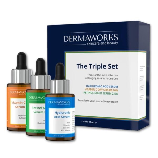 71OB-fQh1-L._SL1500_.jpg DERMAWORKS Facial Serum Set – Brightening Vitamin C, Hydrating Hyaluronic Acid & Resurfacing Retinol – Anti-Aging, Dark Spot Corrector & Wrinkle Repair Skincare Gift for Men & Women