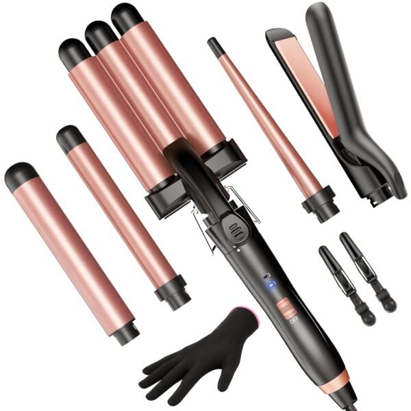 71ObivL924L._SL1500_.jpg 5 in 1 Wand Curling Iron-Kinked Curling Wand Set with Flat Iron Hair Straightener, 3 Barrels Hair Crimper, 3 Ceramic Curling Irons (0.35"-1.25"), 2 Temps Fast Heat Hair Waver Curler with Glove & Clip