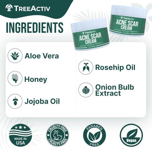 TreeActiv Acne Scar Treatment, 2 fl oz, Acne Scar Cream for Face, Gentle Acne Scars and Dark Spot Remover, Scar Lotion for Stretch Marks and Body Scars, Acne Scar Removal for All Skin Types, 500+ Uses