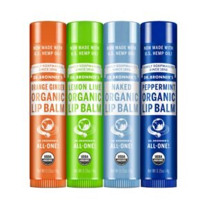 71P2D1iFc3S._SL1500_.jpg Dr. Bronner's - Organic Lip Balm Variety Peppermint, Orange Ginger, Naked, Lemon Lime) - Made with Organic Beeswax and Avocado Oil, For Dry Lips, Hands, Chin or Cheeks, 0.15 Ounce (Pack of 4)