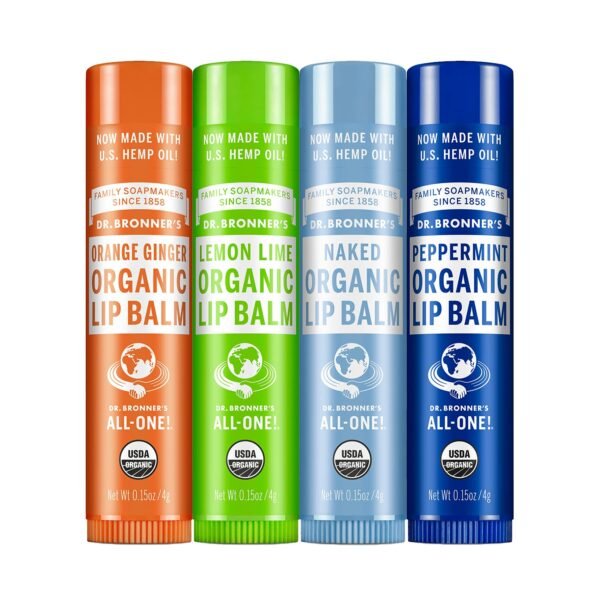 71P2D1iFc3S._SL1500_.jpg Dr. Bronner's - Organic Lip Balm Variety Peppermint, Orange Ginger, Naked, Lemon Lime) - Made with Organic Beeswax and Avocado Oil, For Dry Lips, Hands, Chin or Cheeks, 0.15 Ounce (Pack of 4)