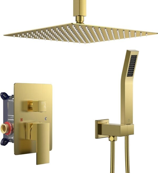 FORIOUS Shower Head System, 12 Inch Rain Shower Faucet Set with Handheld Spray Combo Rough-in Valve, Solid Brass Pressure Balanced Valve Trim Kit, Ceiling Mount, Brushed Gold