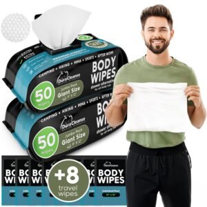 Body Wipes for Men (2pk) - 100 XL No Rinse Shower Sheets + 8 Travel Bath Wipes - 9"x12" After Gym Adult Washcloths - Mens Deodorant & Face Towels For Camping Essentials, Survival Gear and Supplies