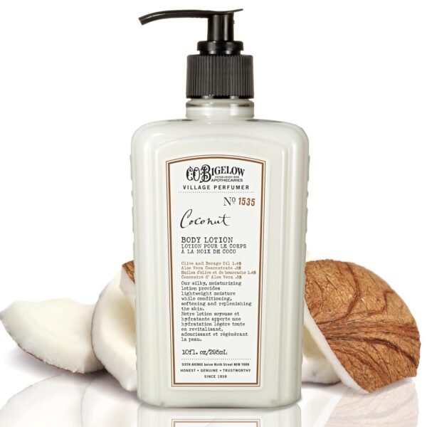 C.O. Bigelow Coconut Moisturizing Body Lotion for Women and Men, Village Perfumer Lotion with Olive Oil, Borage Oil, and Aloe Vera, 10 fl oz