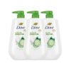 Dove Body Wash with Pump 3 Count Refresh Cucumber and Green Tea for 24hr Lotion-Soft Skin Moisturizing Skin Cleanser with No Sulfates No Parabens