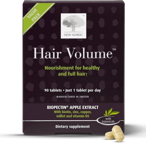 NEW NORDIC Hair Volume Tablets, 3000 mcg Biotin & Biopectin Apple Extract, Hair Vitamins to Support Natural Hair Growth, 90 Count (Pack of 1)