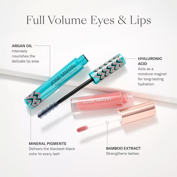 Josie Maran Eye Love Lip Gloss & Mascara Gift Set - Lip Plumper Infused with Argan Oil, Hyaluronic Acid for Sheer, Radiant Color & Lengthening Black Mascara - Vegan Makeup (2 Count)