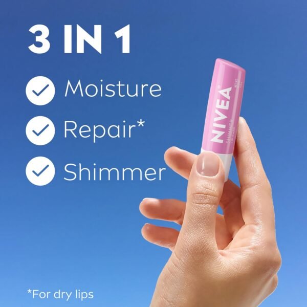 71PrLMdUaIL._SL1500_.jpg NIVEA Shimmer Lip Care, Shimmery Lip Balm Pack with Shea Butter, Nourishing Oils and Vitamin C & E, 3-in-1 Moisture, Repair and Shimmer, 0.17 Oz Stick, Pack of 4