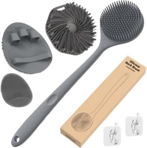 Manmihealth Silicone Back Scrubber & Soft Bath Glove Set 4 PCS(Thin Bristles), Super-Exfoliating Body Scrubber & Super-Lathering Shower Brush Combination, with 2 Free Hooks (Gray)