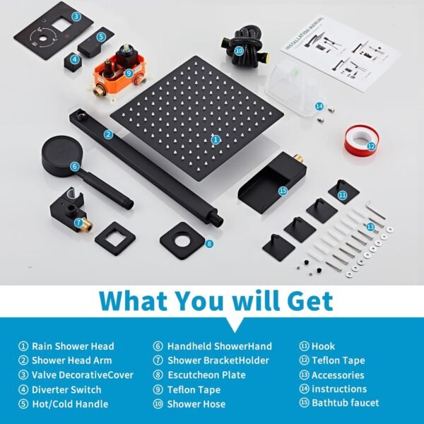 Matte Black Shower Tub Faucet Set, Wall Mounted 8 Inch Shower Heads with Handheld Spray Combo and Tub Shower Faucet, Luxury Bathroom Square Rain Shower System - 4 Hooks