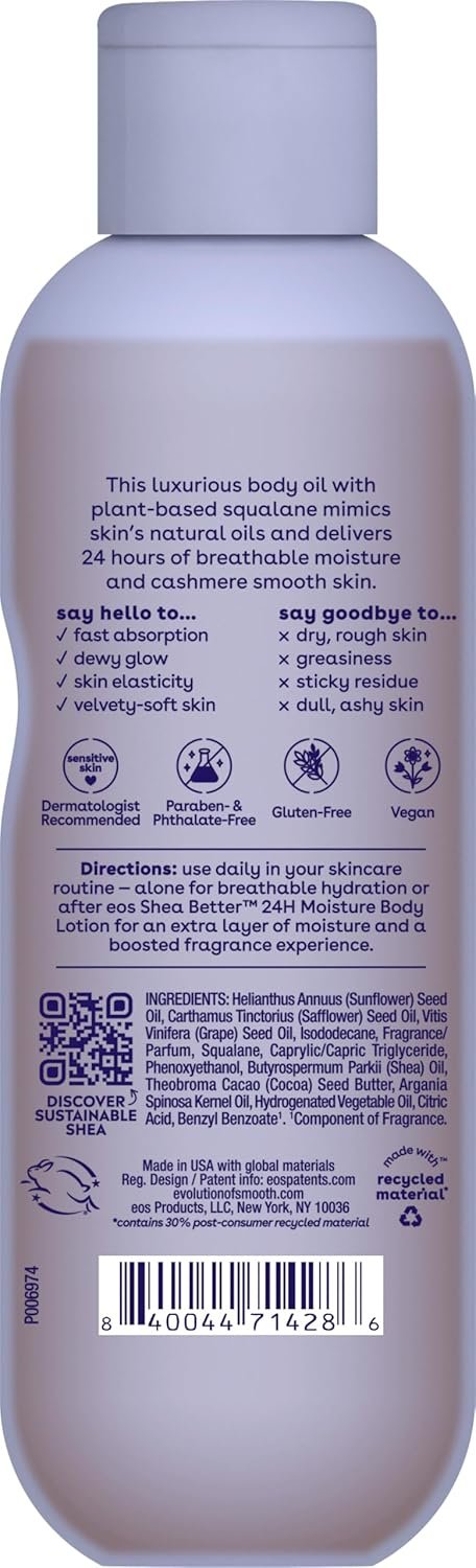 eos Cashmere Body Oil, Vanilla Cashmere, 24 Hour Moisture, Plant-Based Squalane to Soothe, Soften And Smooth Dry Skin, Body Oil, 6 fl oz