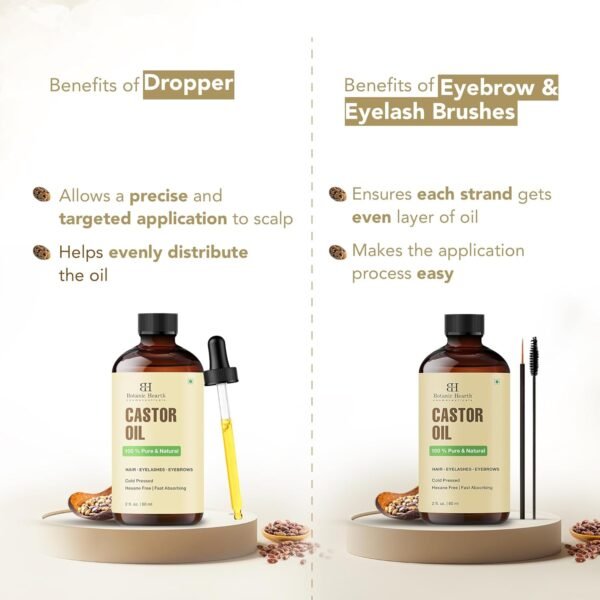 Botanic Hearth Castor Oil | 100% Pure & Natural, Cold Pressed | 2 Fl Oz (60 Ml) | For Hair, Eyelashes & Eyebrows | Hexane Free, Fast Absorbing | With Applicators & Dropper