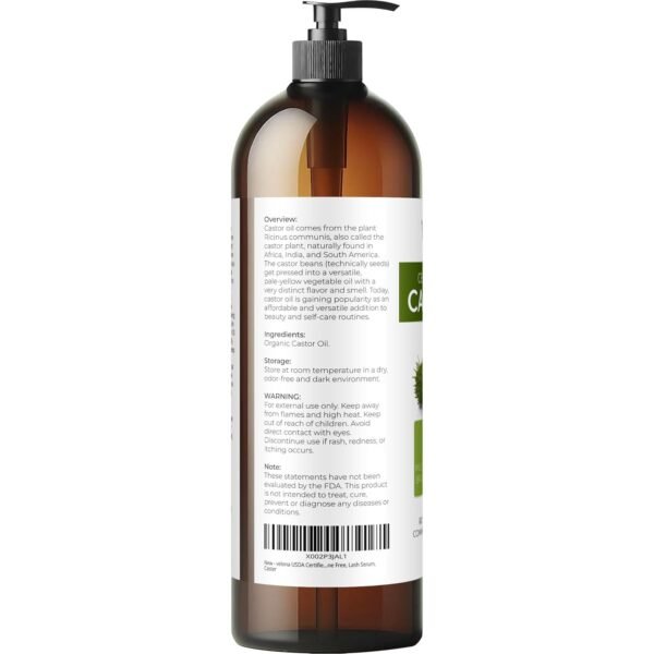 velona USDA Certified Organic Castor Oil - 32 fl oz | For Hair Growth, Boost Eyelashes, Eyebrows | Cold pressed, Natural Oil, USP Grade | Hexane Free, Lash Serum, Caster
