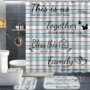 juwute 4Pcs Family Shower Curtain Sets with Non-Slip Rugs, Toilet Lid Cover and Bath Mat, Wood Grain Home Bathroom Decor Set Accessories Waterproof Shower Curtains with 12 Hooks, 72 x 72 Inch