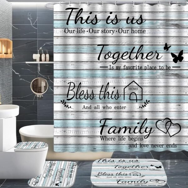 juwute 4Pcs Family Shower Curtain Sets with Non-Slip Rugs, Toilet Lid Cover and Bath Mat, Wood Grain Home Bathroom Decor Set Accessories Waterproof Shower Curtains with 12 Hooks, 72 x 72 Inch