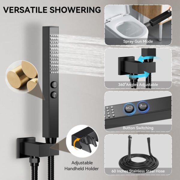Thermostatic Shower System,Shower Faucet Set,12 Inch Ceiling Mounted and 6 Inch Wall Mount Rain Shower Head with 2 in 1 Handhled,Push Button Diverter Dual Shower Head Combo Set Matte Black