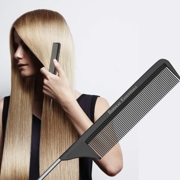 71Qdoi-MtL._SL1500_.jpg Professional 8.8 Inch Tail Comb - Black Carbon Fiber And Stainless Steel Pintail - Anti Static And Heat Resistant Teasing Lightweight Comb For All Hair Types