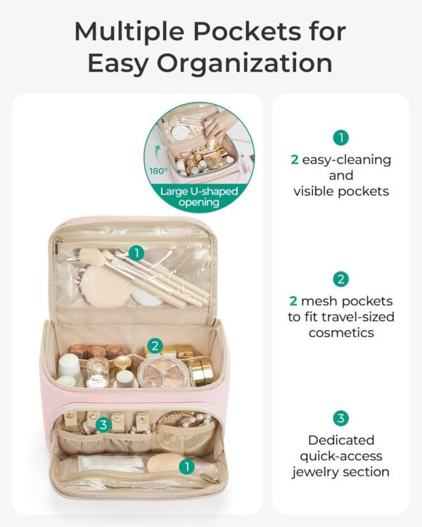 BAGSMART Travel Makeup Bag with Jewelry Organizer, Portable Make Up Bag, Puffy Wide-Opening Cosmetic Storage Pouch for Women’s Toiletries and Travel Essentials (Black)